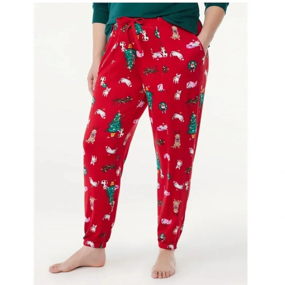 Joyspun Christmas Pajama Pants size medium red Christmas tree dog reindeer PJ’s - Picture 1 of 7